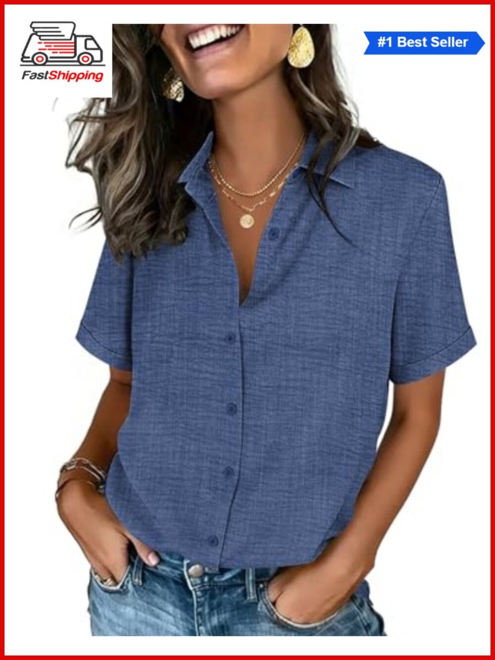 ✨Zeagoo Women's Button Down Short Sleeve Blouse V-Neck Roll-Up Cuffs Dressy